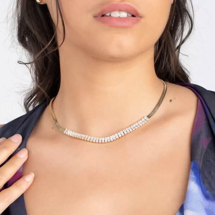 18K Gold Crystal Herringbone Necklace 1