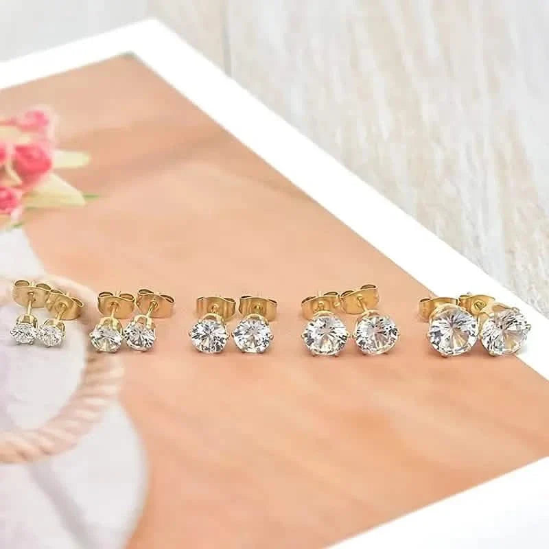 18K Gold Ear Bone Buckle Stainless Steel 6-Prong Zirconia Stud Earrings 12