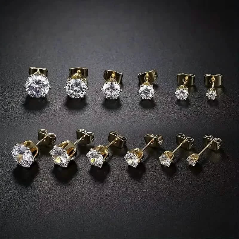 18K Gold Ear Bone Buckle Stainless Steel 6-Prong Zirconia Stud Earrings 9