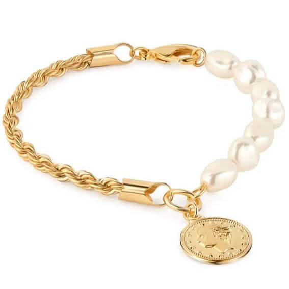 18K Gold Rope and Pearl Bracelet with Coin Charm 8" 1