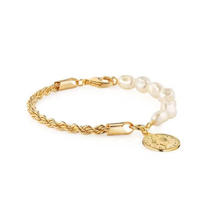18K Gold Rope and Pearl Bracelet with Coin Charm 8" 2