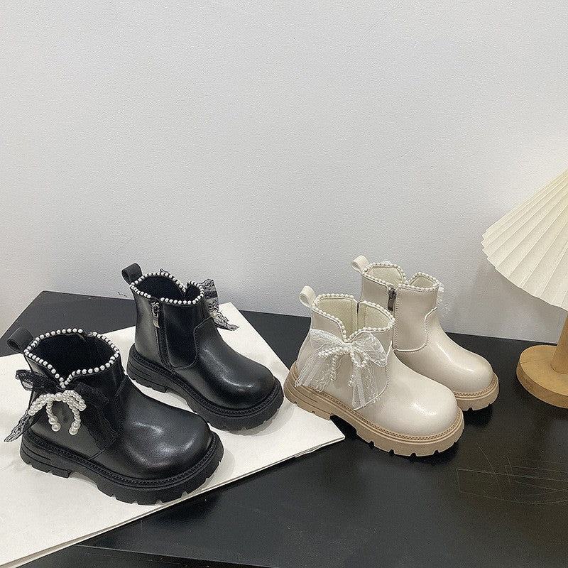 2026 Spring New Princess Boots For Girls, Kids Martin Boots, Bow & Pearl Decor Soft Sole Leather Boots For Big & Medium Kids 1