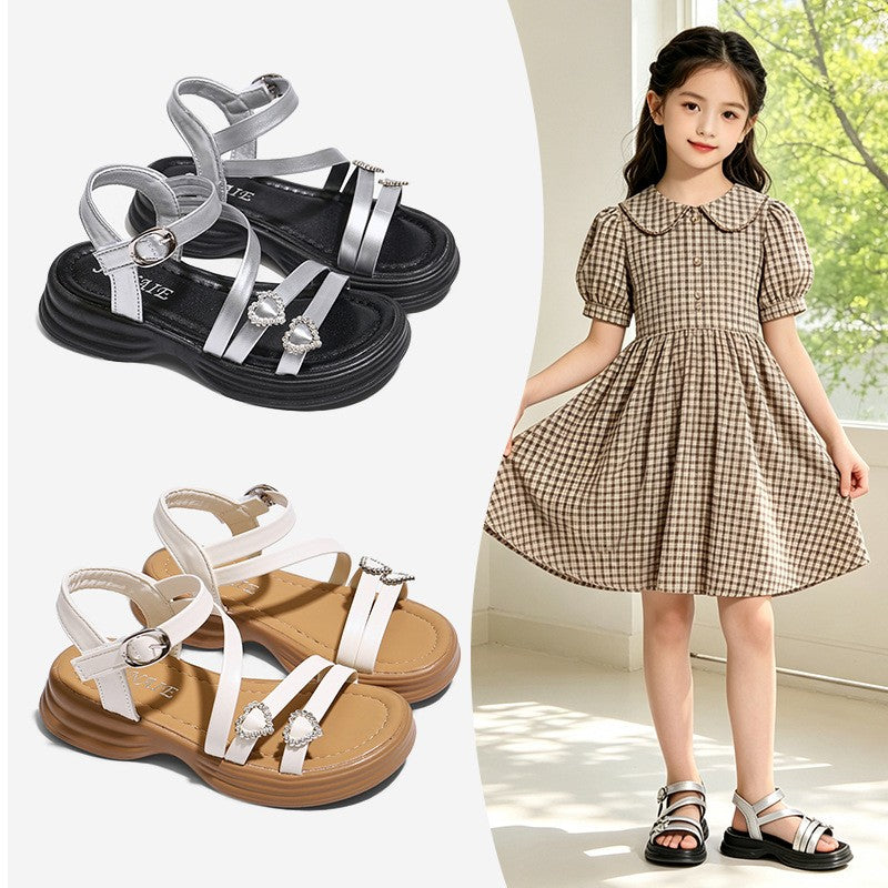 2026 Summer New Trendy Kids Sandals, Girls Soft Sole Fashion Princess Shoes, Silver Roman Sandals Children Beach Shoes 1