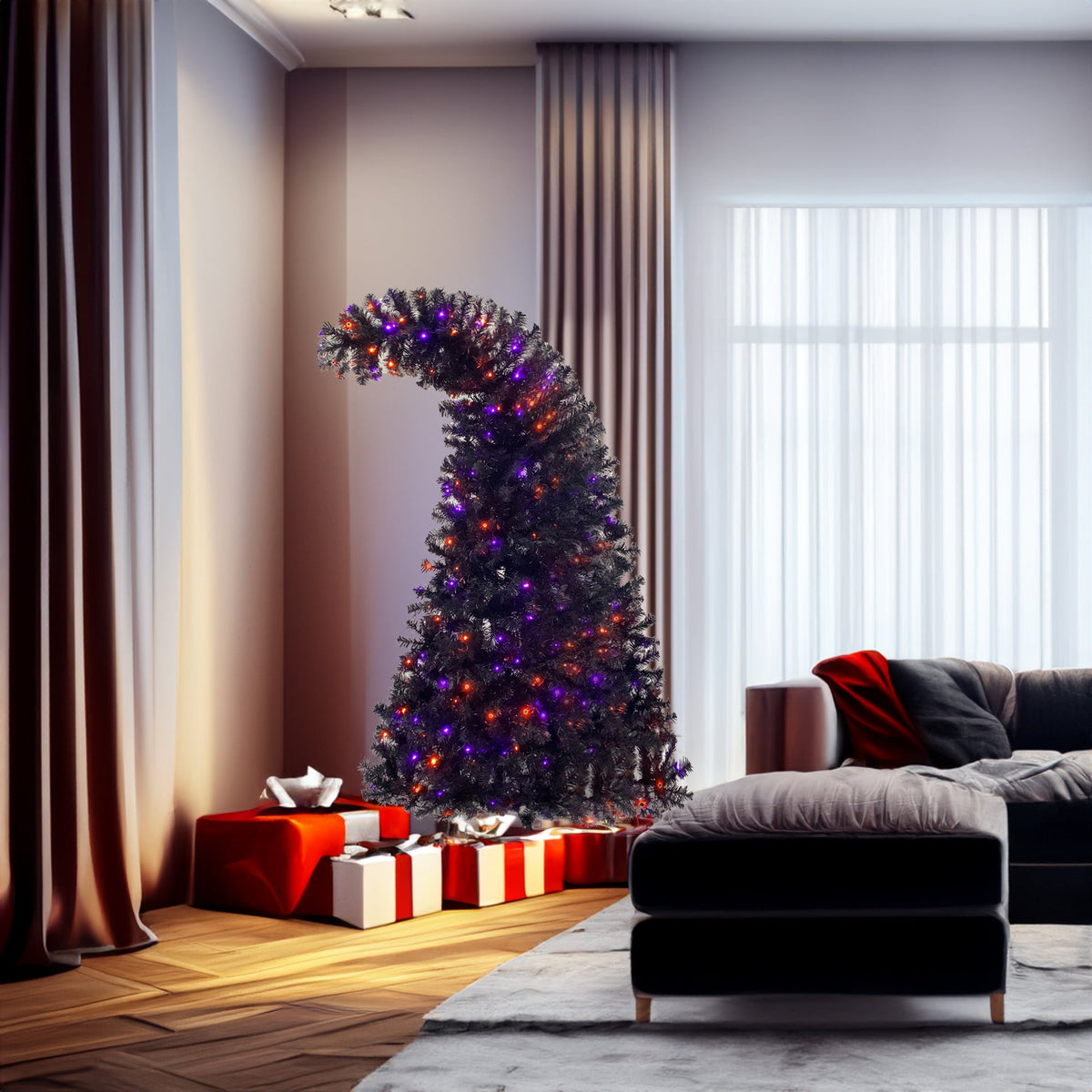 6FT artificial fir curved top Halloween tree, with 1080 lush branch tips and 300 LED lights in a Christmas and Halloween style 1