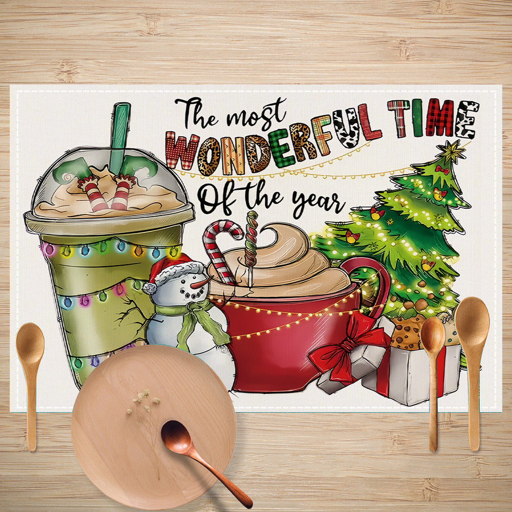 Skull Milk Tea Cup Printed Meal Mat Christmas Snowflake Letter Linen Table Mat Holiday Table Decoration Insulation Mat 6