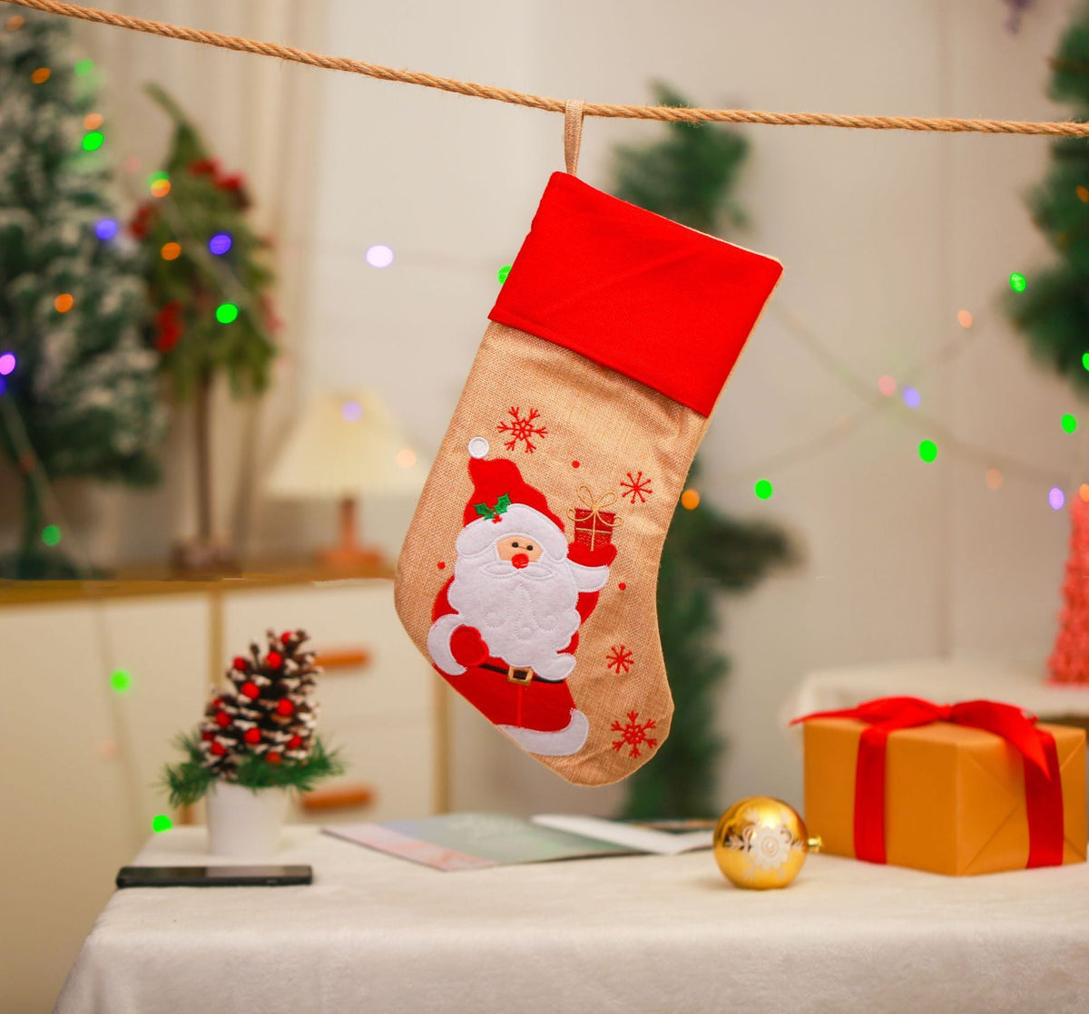 Christmas Decoration Linen Red Bordered Old Man Snowman Christmas Socks Christmas Gift Bag Candy Socks 6