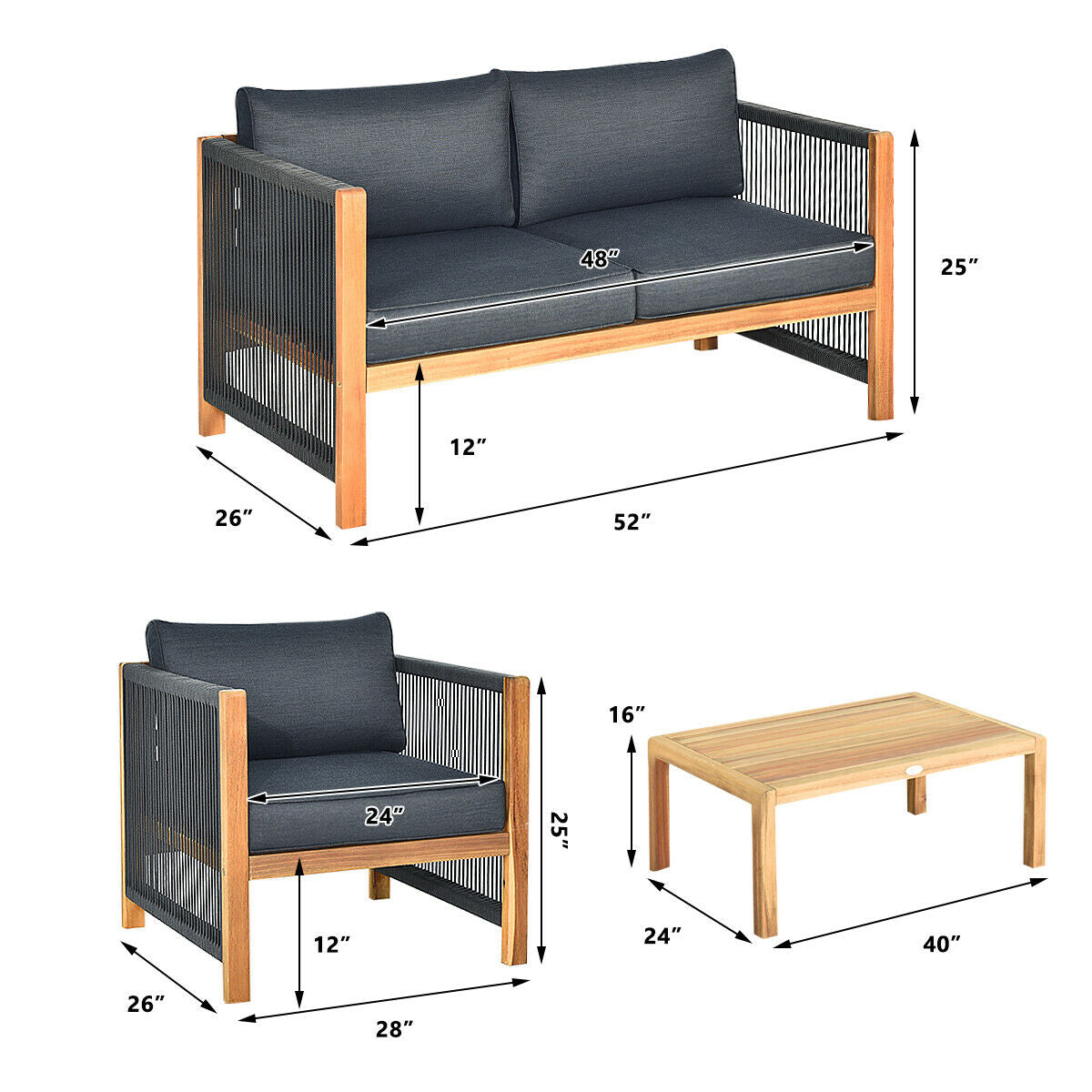 4 Pieces Acacia Wood Outdoor Patio Furniture Set with Cushions 5
