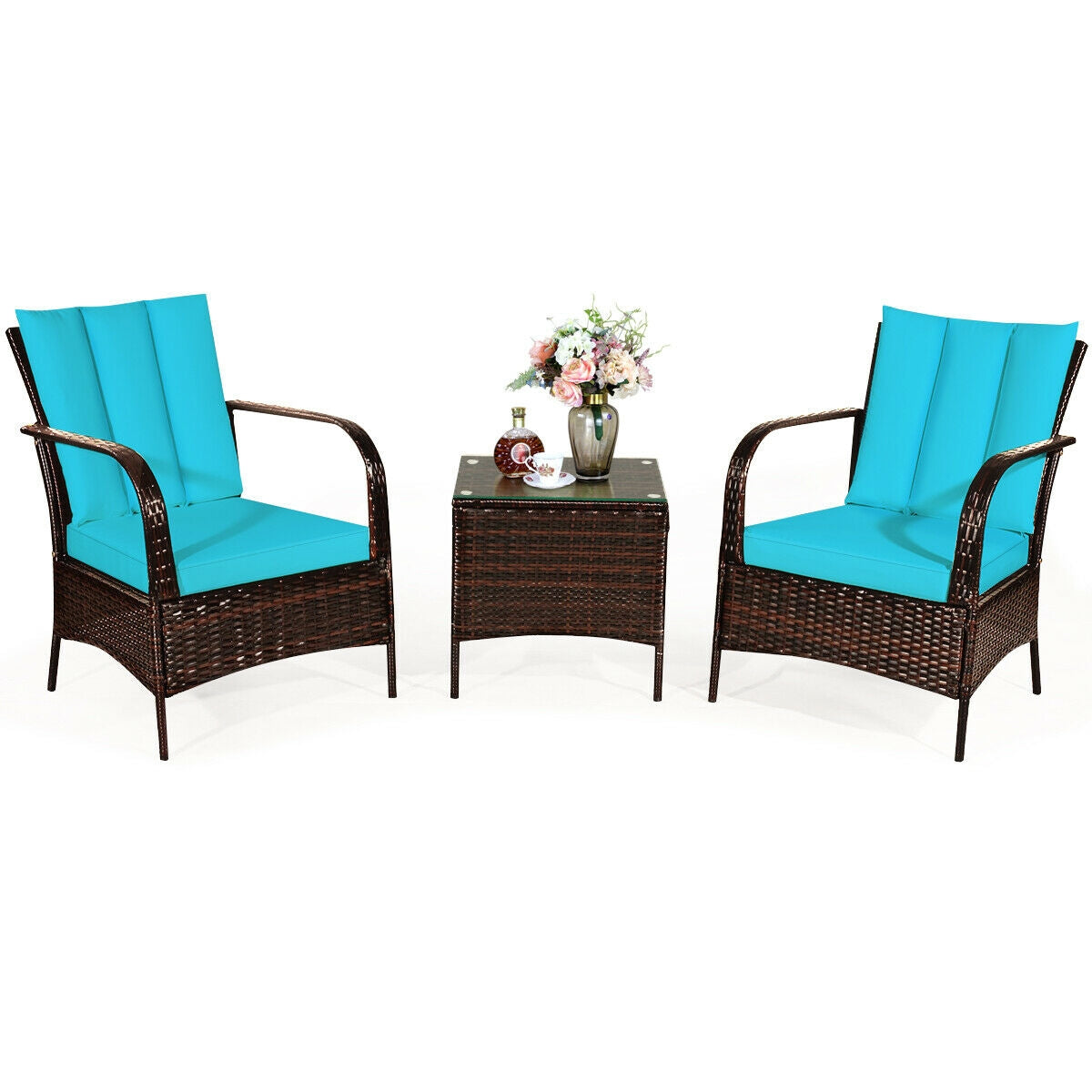 3 Pcs Patio Conversation Rattan Furniture Set with Glass Top Coffee Table and Cushions 10