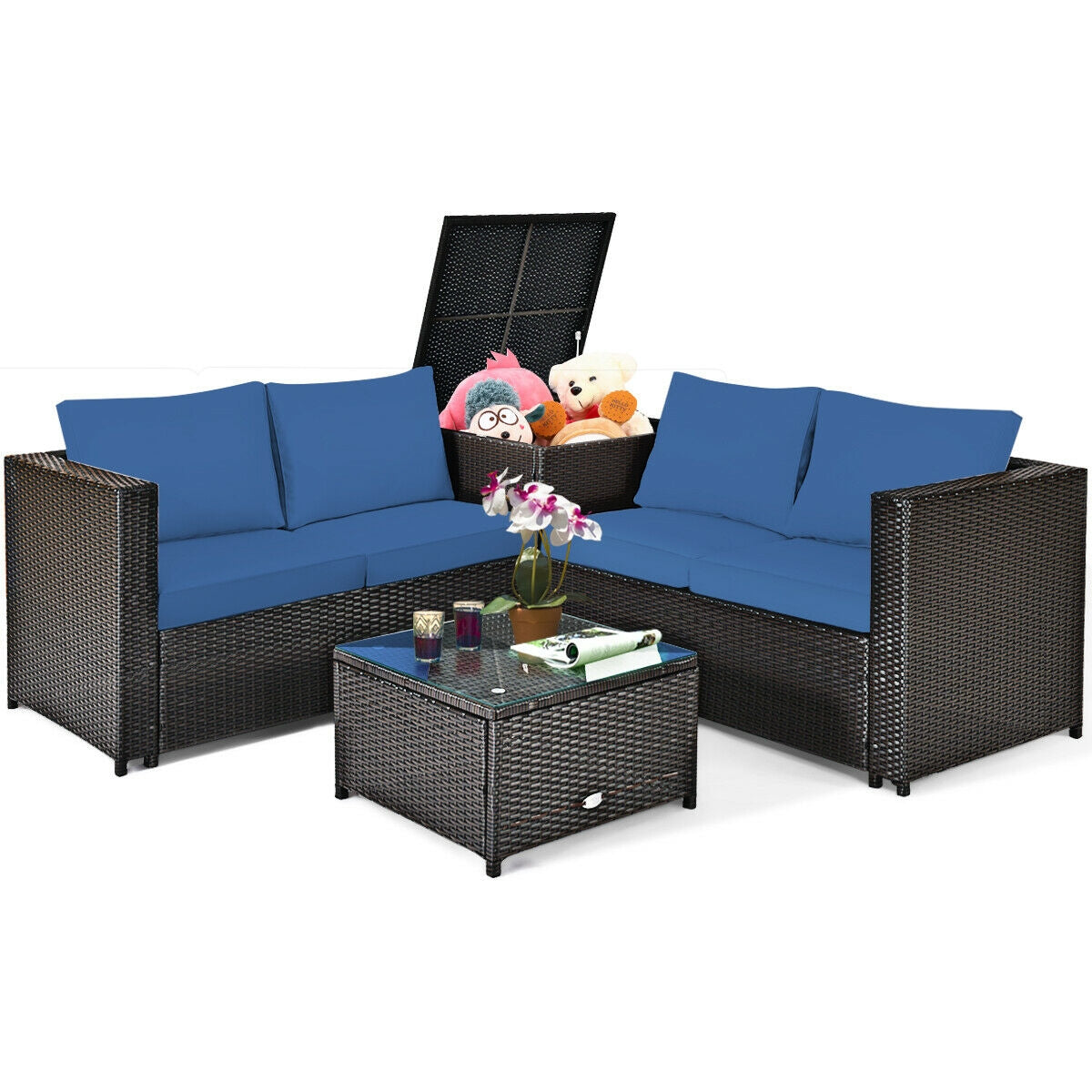 4 Pieces Outdoor Patio Rattan Furniture Set with 9