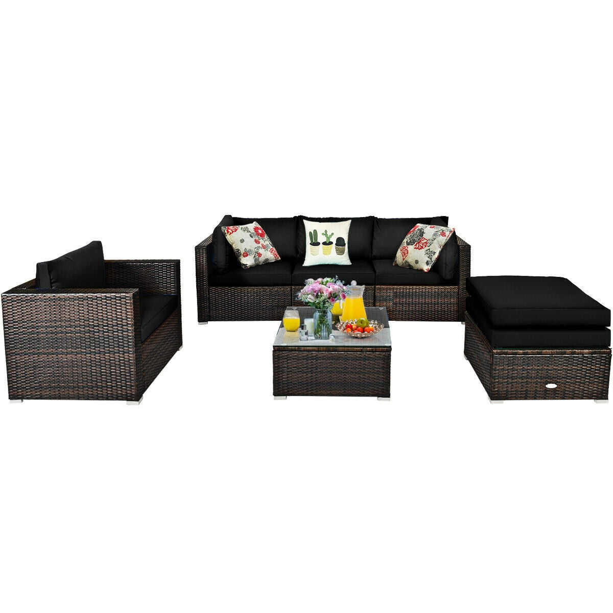 6 Pcs Patio Rattan Furniture Set with Sectional Cushion 8