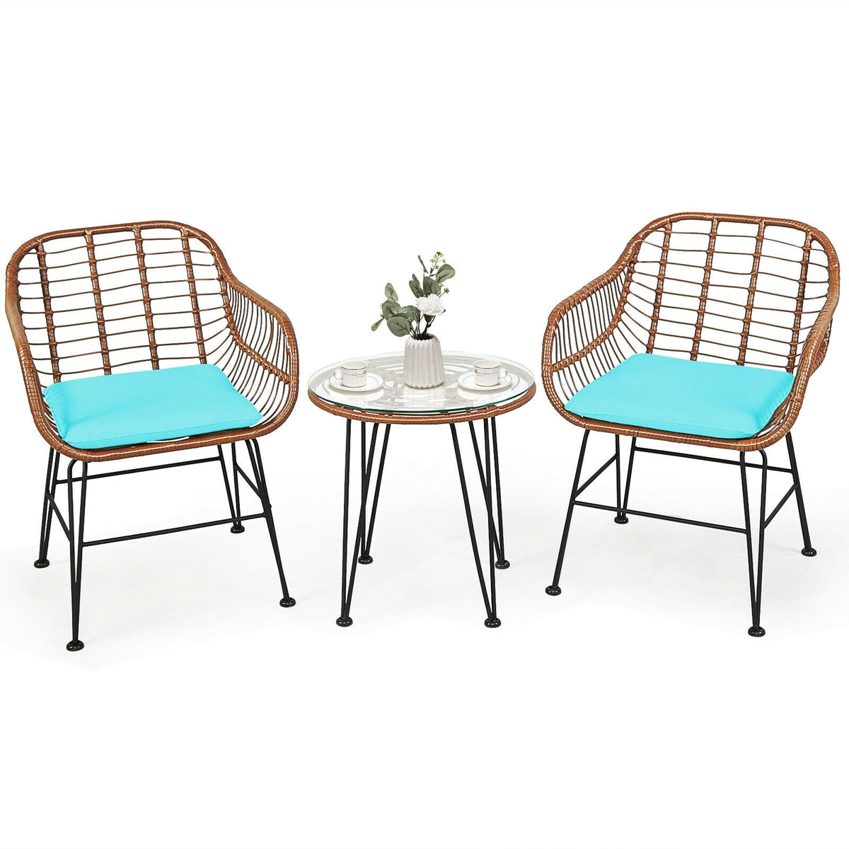 3-Piece Rattan Bistro Set with Cushions and Glass Table 11