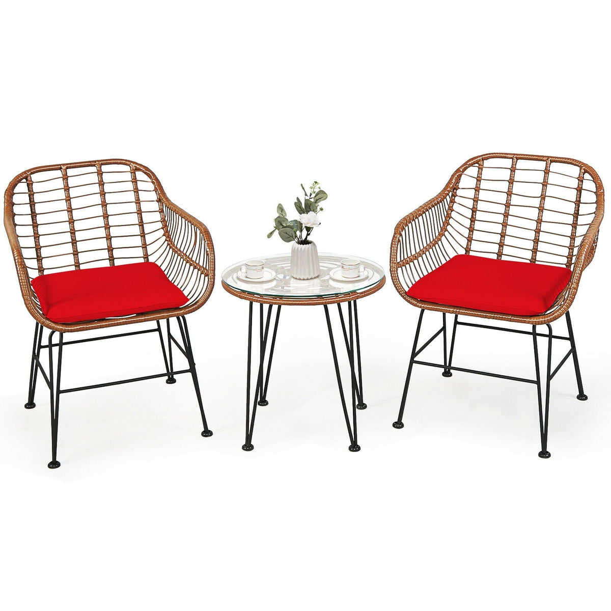 3-Piece Rattan Bistro Set with Cushions and Glass Table 19