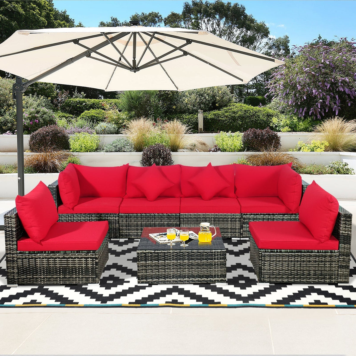 7 Pieces Patio Rattan Furniture Set Sectional Sofa Garden Cushion 8