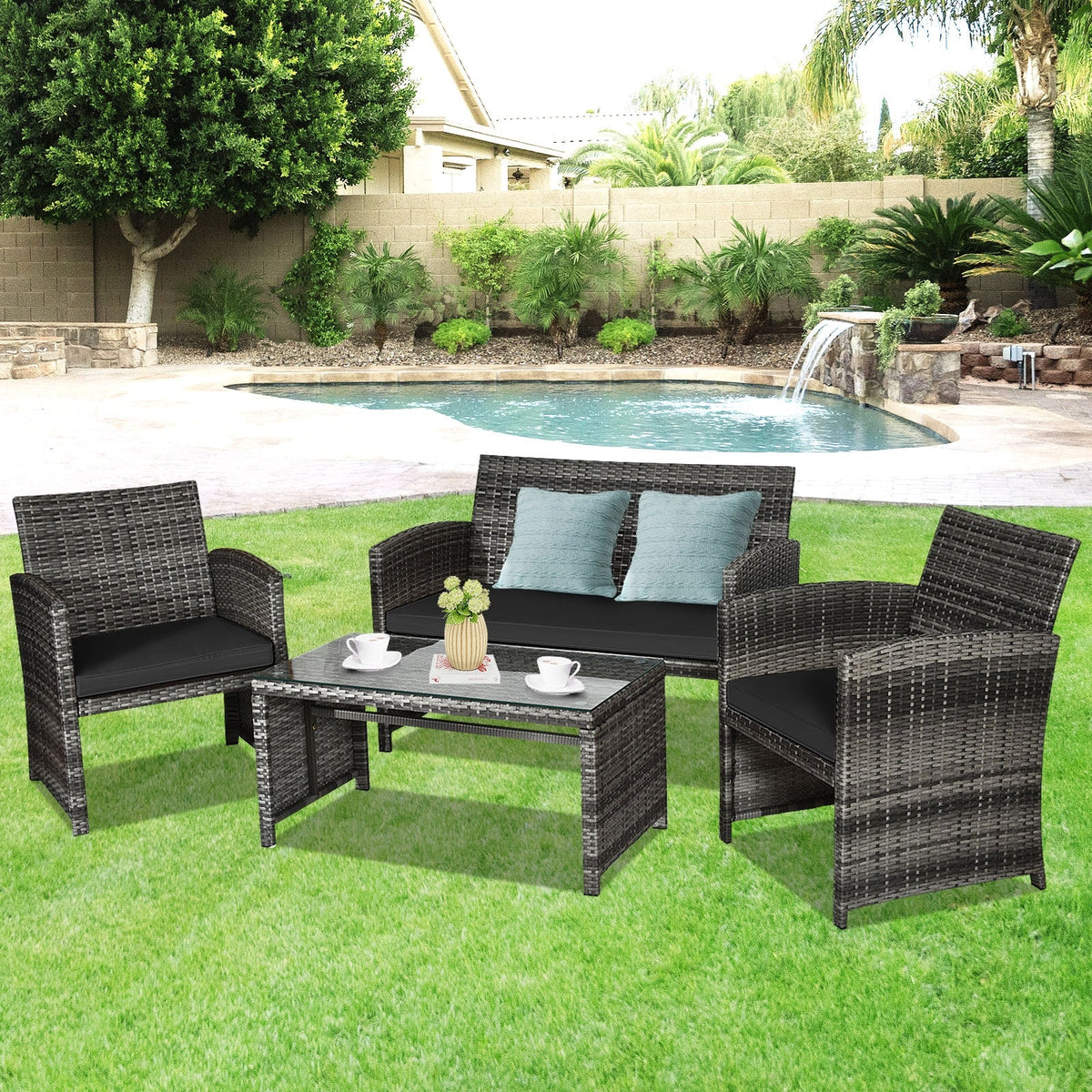 4 Pieces Patio Rattan Furniture Set with Glass Table and Loveseat-Gray 2