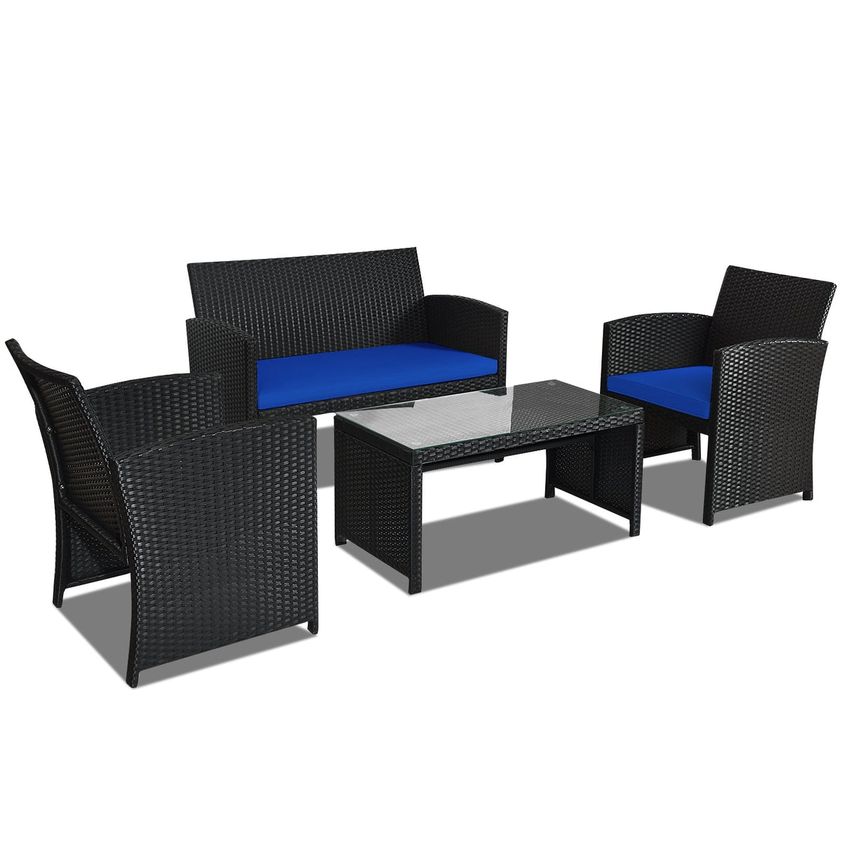 4 Pieces Rattan Patio Furniture Set with Weather Resistant Cushions and Tempered Glass Tabletop 3