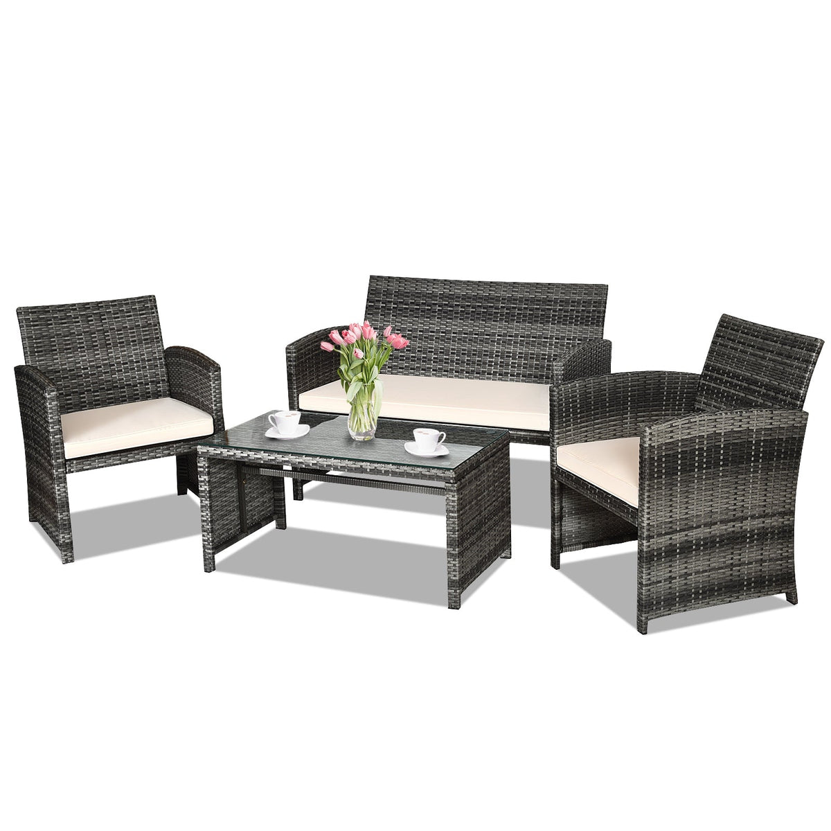 4 Pieces Patio Rattan Furniture Set with Glass Table and Loveseat-Gray 13