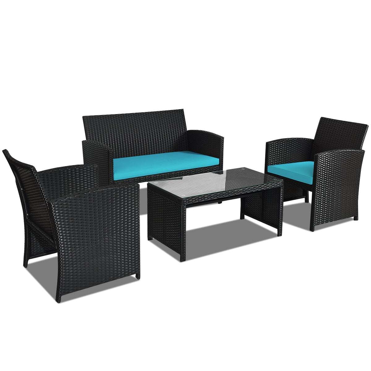 4 Pieces Rattan Patio Furniture Set with Weather Resistant Cushions and Tempered Glass Tabletop 10
