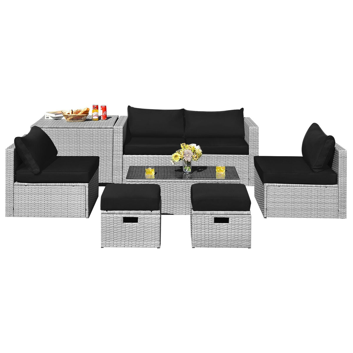 8 Pieces Patio Rattan Furniture Set with Storage Waterproof Cover and Cushion 3