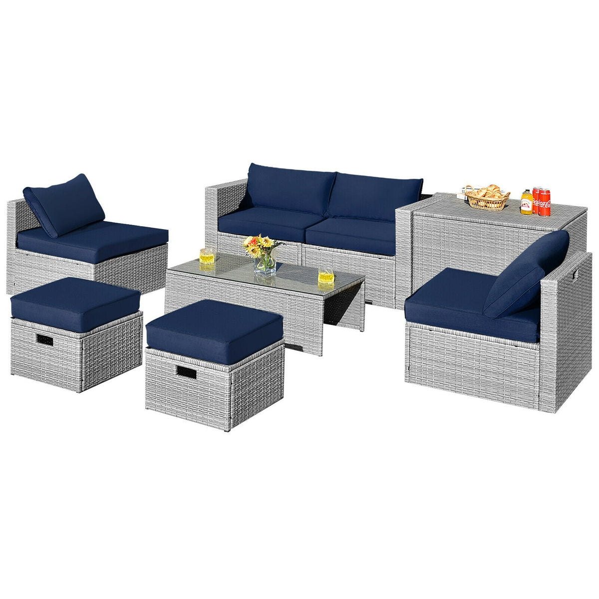 8 Pieces Patio Rattan Furniture Set with Storage Waterproof Cover and Cushion 10