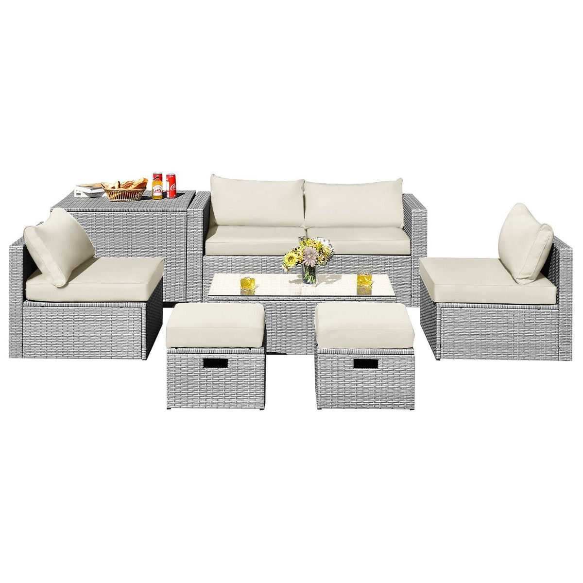 8 Pieces Patio Rattan Furniture Set with Storage Waterproof Cover and Cushion 13