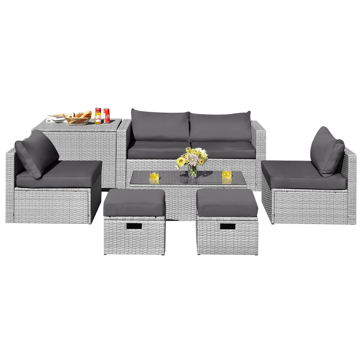 8 Pieces Patio Rattan Furniture Set with Storage Waterproof Cover and Cushion 9