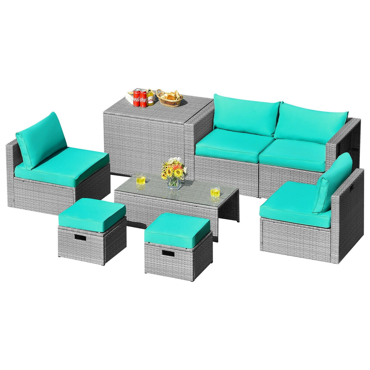 8 Pieces Patio Rattan Furniture Set with Storage Waterproof Cover and Cushion 12