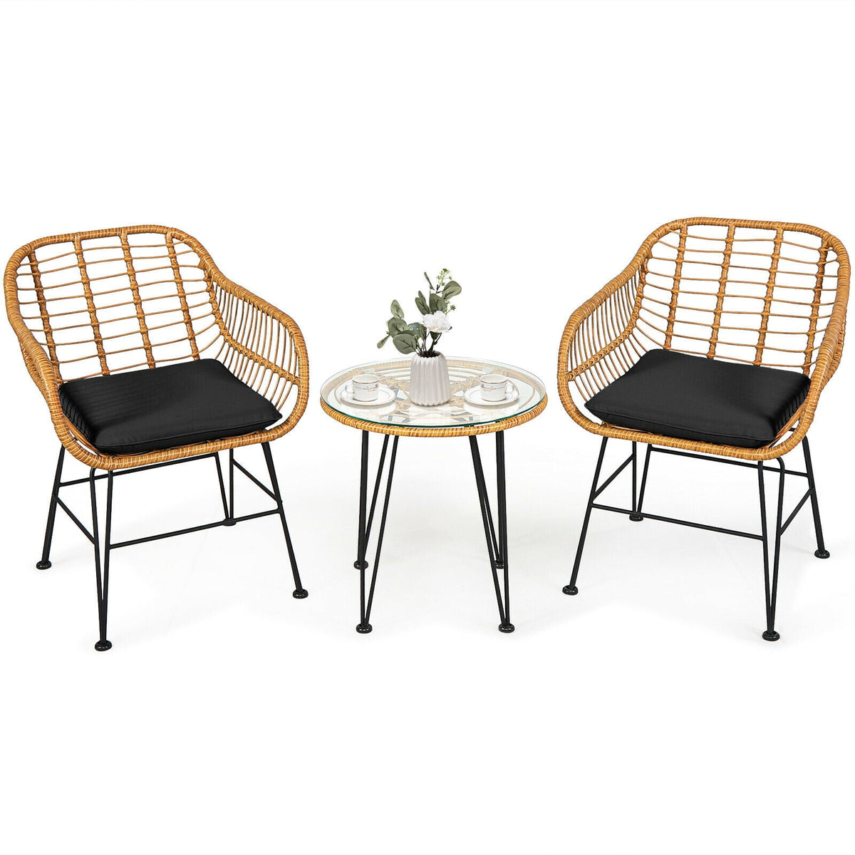 3 Pieces Rattan Furniture Set with Cushioned Chair Table 7