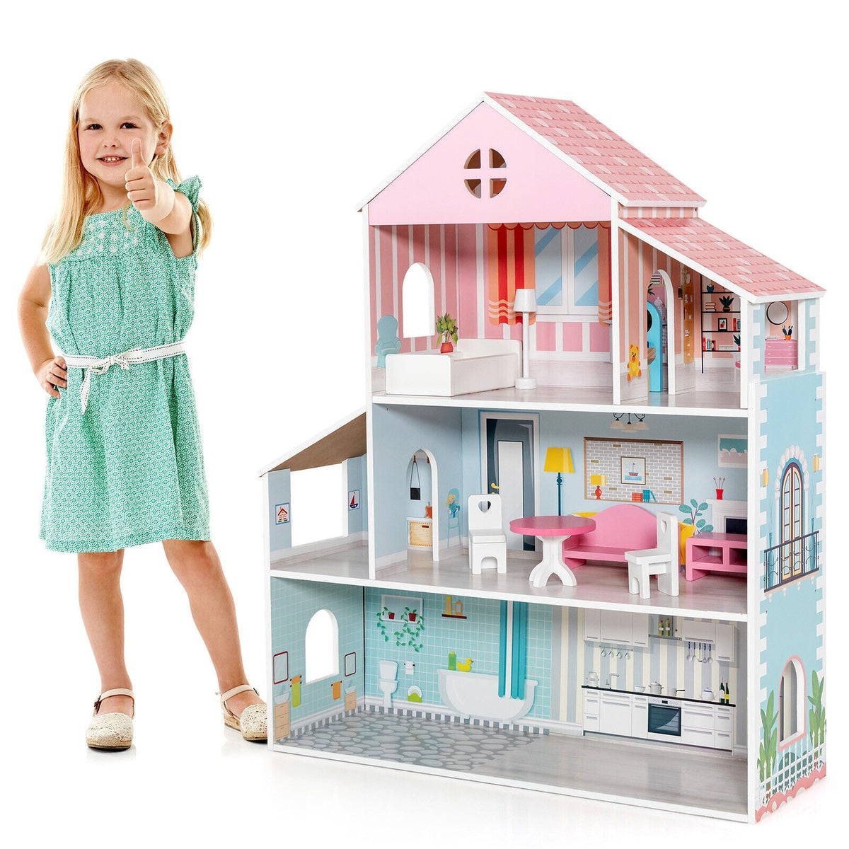 3-Tier Toddler Doll House with Furniture Gift for Age over 3 4