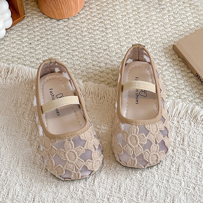 Girls' Flower Mesh Sandals Solid Color Transparent Mesh Princess Shoes 7