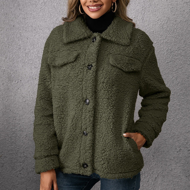 Lapel Single-breasted Fleece Coat Winter Warm Button Pocket Short Jacket Top Women Clothing 7