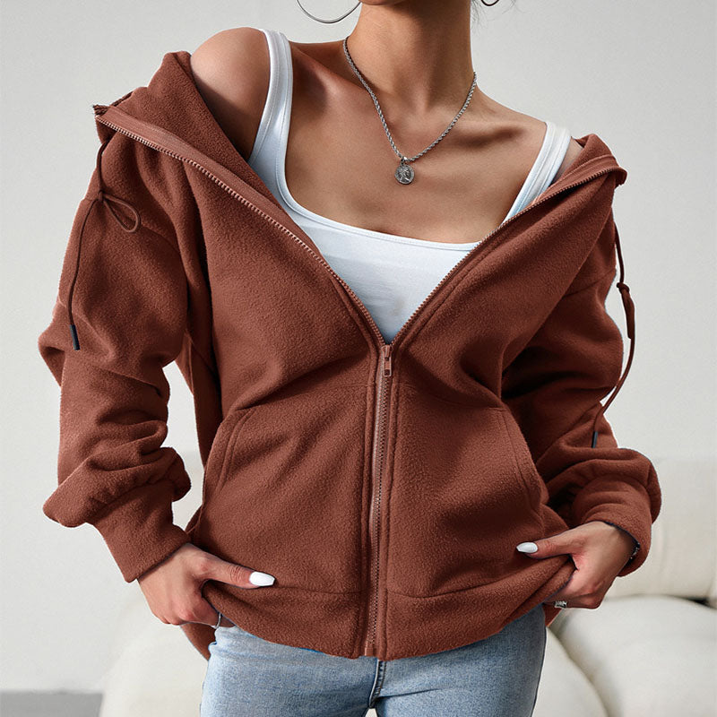 Casual Fashion Hooded Cardigan Jacket With Pockets Winter And Autumn Loose Sports Coat Women Solid Outwear Clothing 2