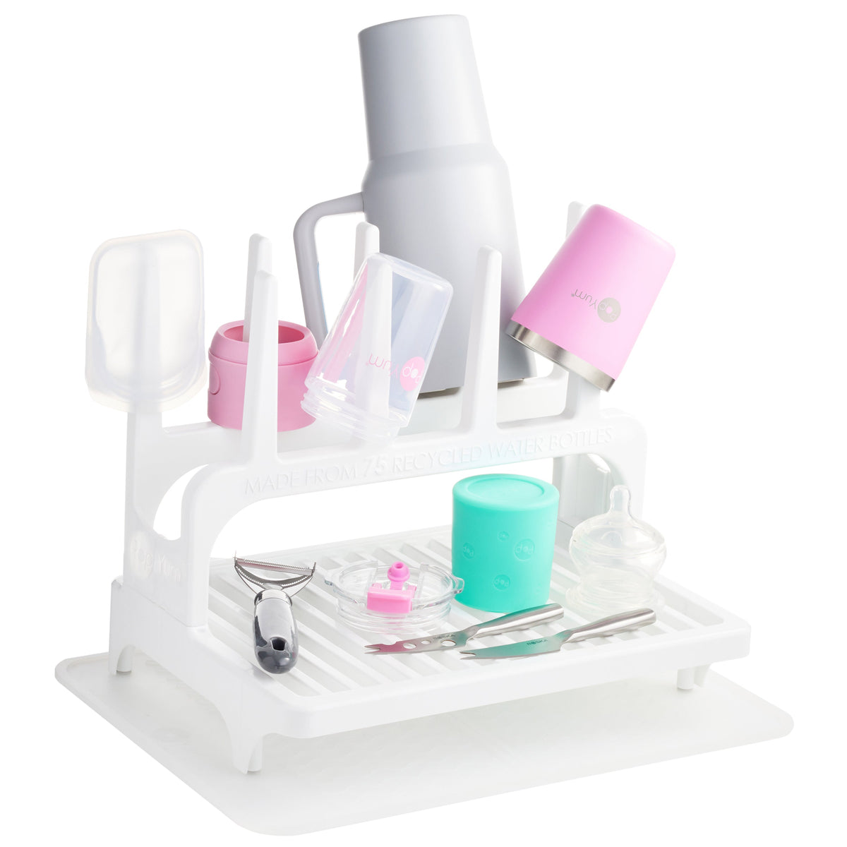 PopYum Glacier White Drying Rack from 100% Recycled Bottles with Silicone Drying Mat, countertop for Baby Bottles, Plastic Bags, Cups, Compact 13