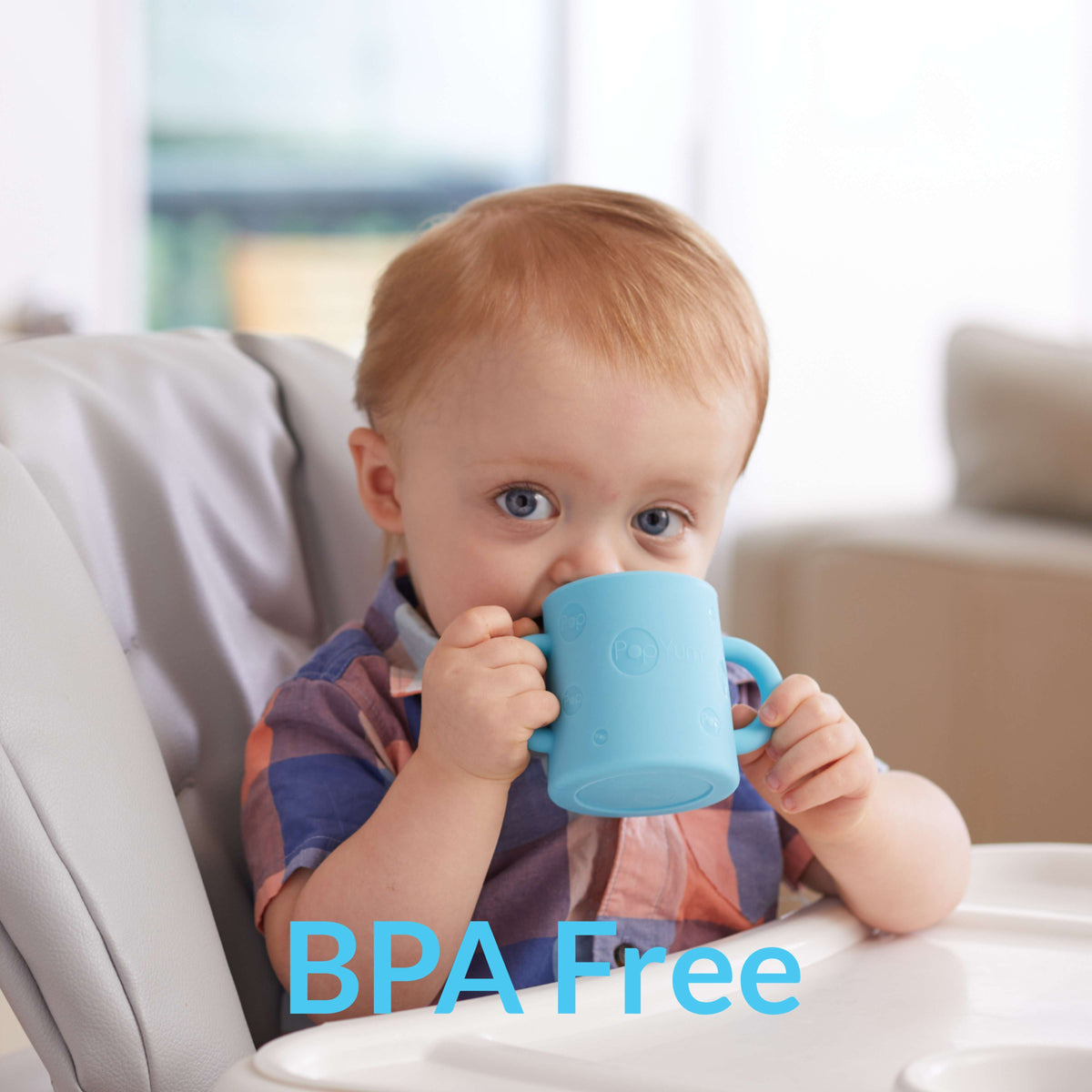 PopYum Silicone Training Cup 2-Pack for Baby and Toddler, handles, BPA Free, self feeding training, tumbler (sky blue and PopYum orange) 4