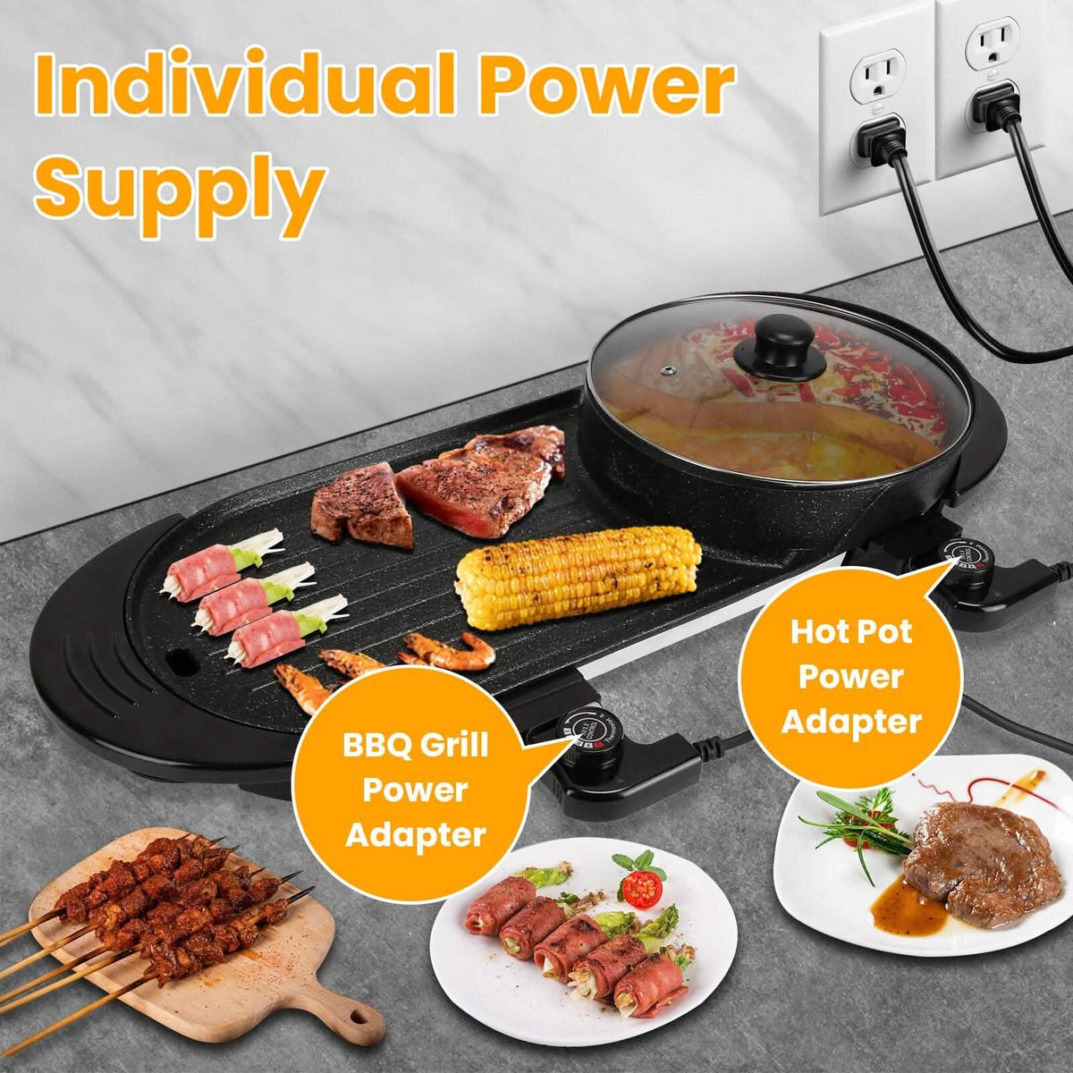 2-in-1 Electric Hot Pot with Bbq Grill Cooker 2200W 8