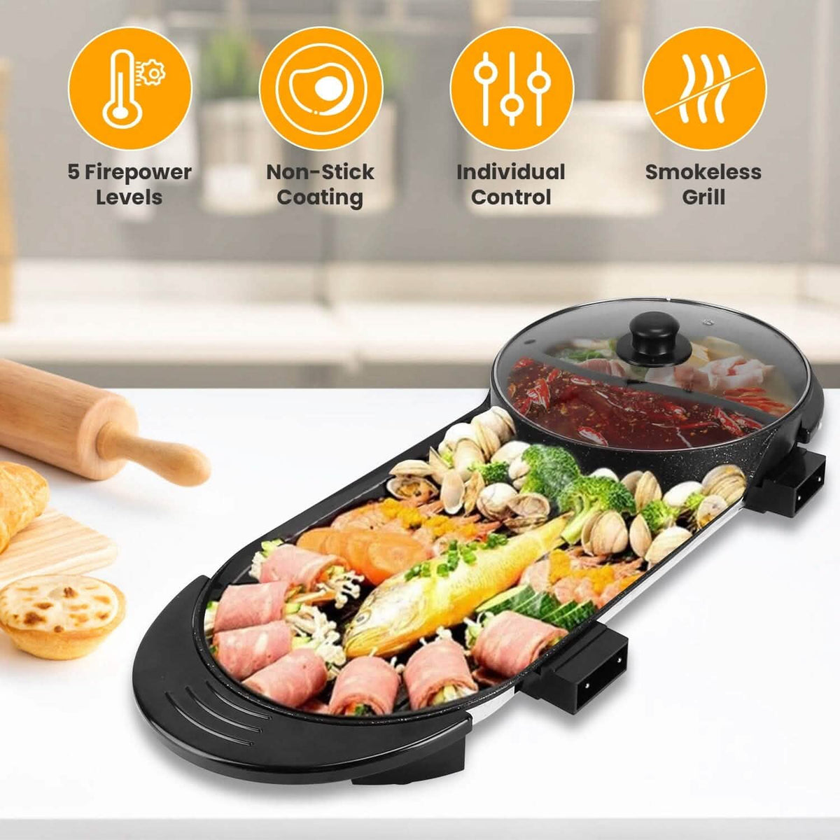 2-in-1 Electric Hot Pot with Bbq Grill Cooker 2200W 7