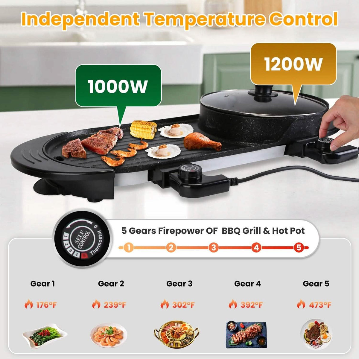 2-in-1 Electric Hot Pot with Bbq Grill Cooker 2200W 9