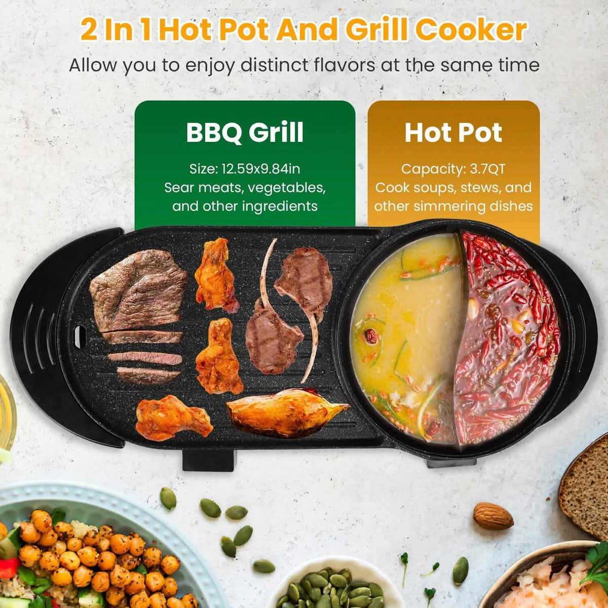 2-in-1 Electric Hot Pot with Bbq Grill Cooker 2200W 10