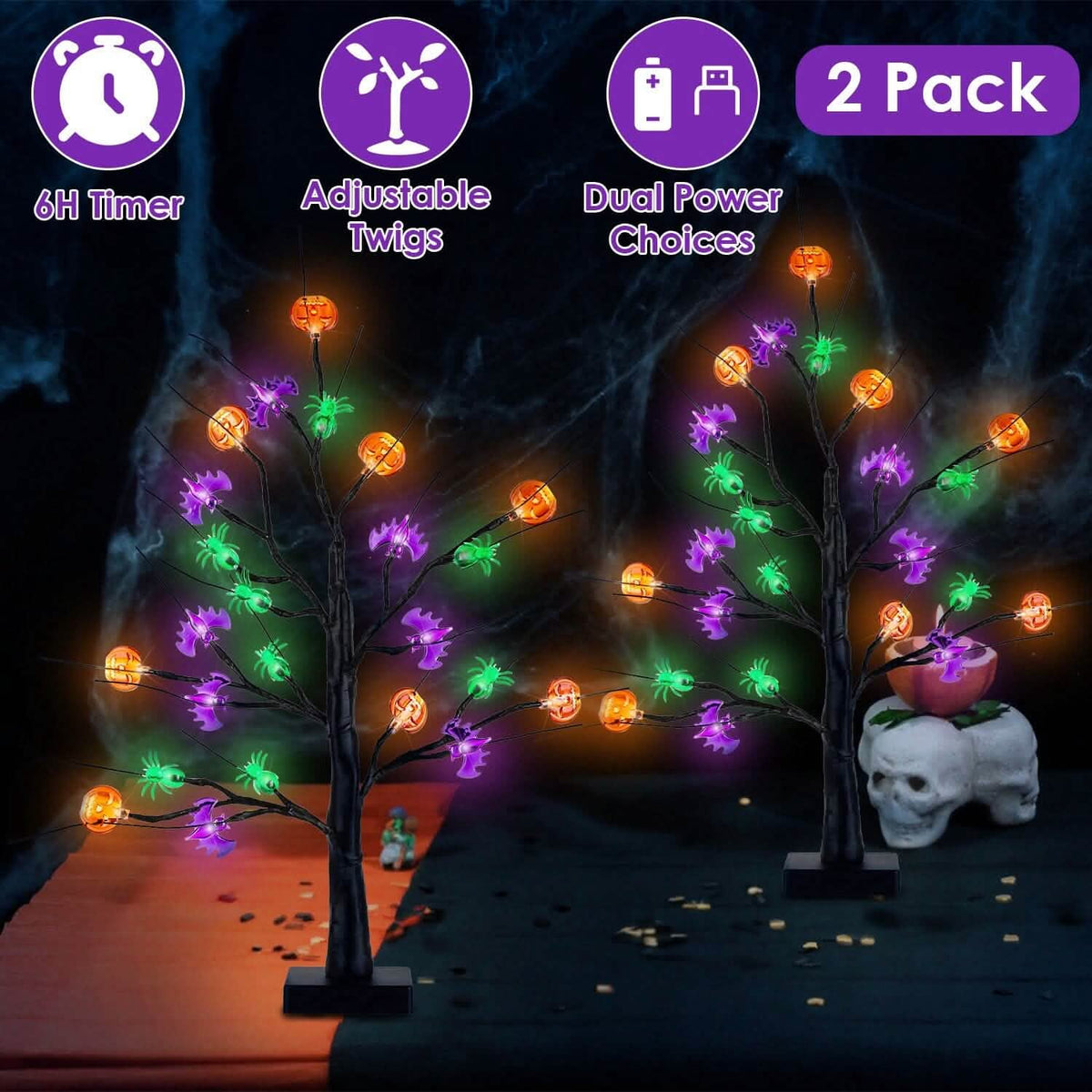 2-Pack: Lighted Halloween Trees with Timer and Adjustable Twigs 9