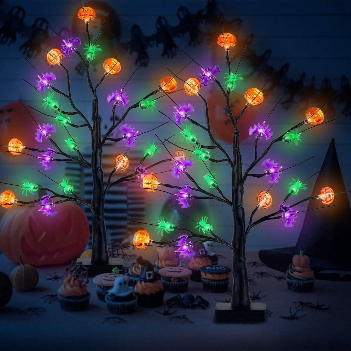 2-Pack: Lighted Halloween Trees with Timer and Adjustable Twigs 1