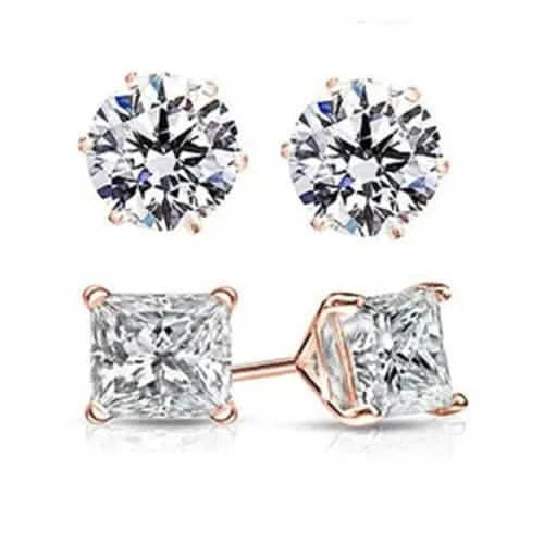 2 Pairs: Round and Princess Cut Rose Gold Stud Earrings 1