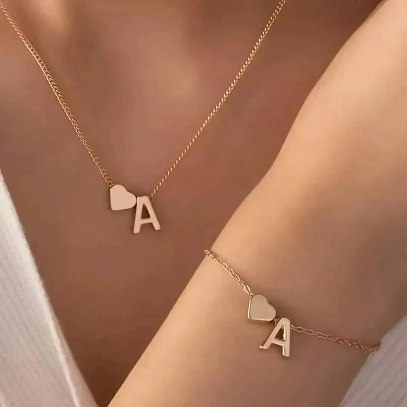2-Piece Set: Metal Heart And English Letter Necklace And Bracelet 1