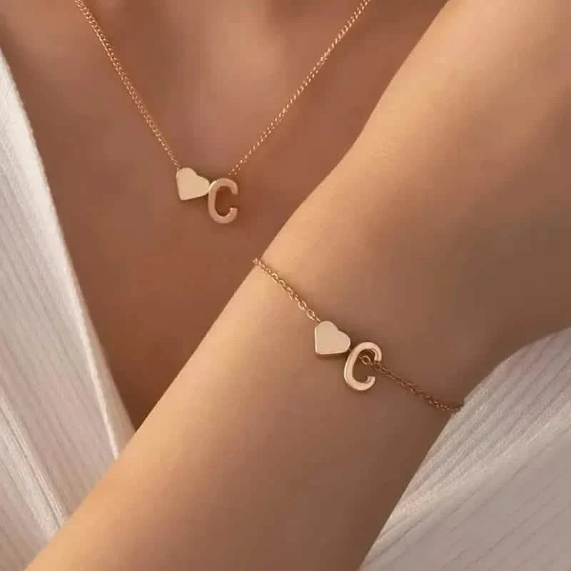2-Piece Set: Metal Heart And English Letter Necklace And Bracelet 3