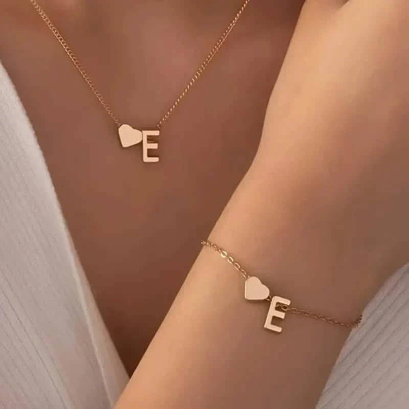 2-Piece Set: Metal Heart And English Letter Necklace And Bracelet 5