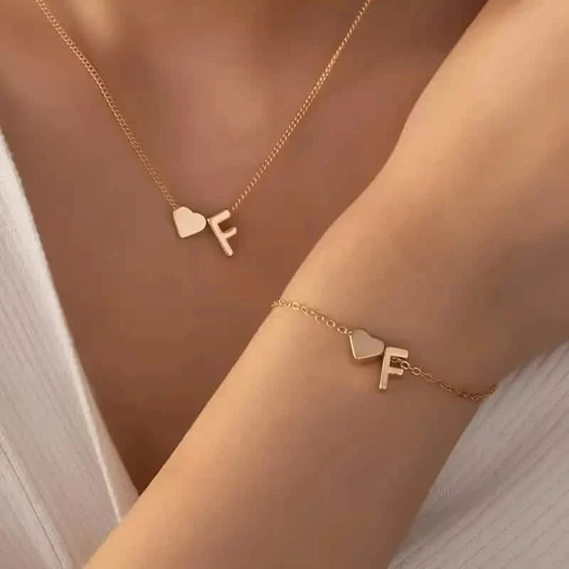 2-Piece Set: Metal Heart And English Letter Necklace And Bracelet 6