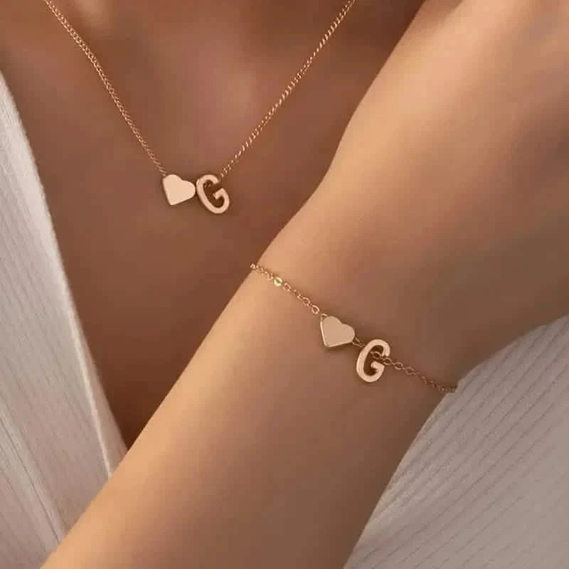 2-Piece Set: Metal Heart And English Letter Necklace And Bracelet 7