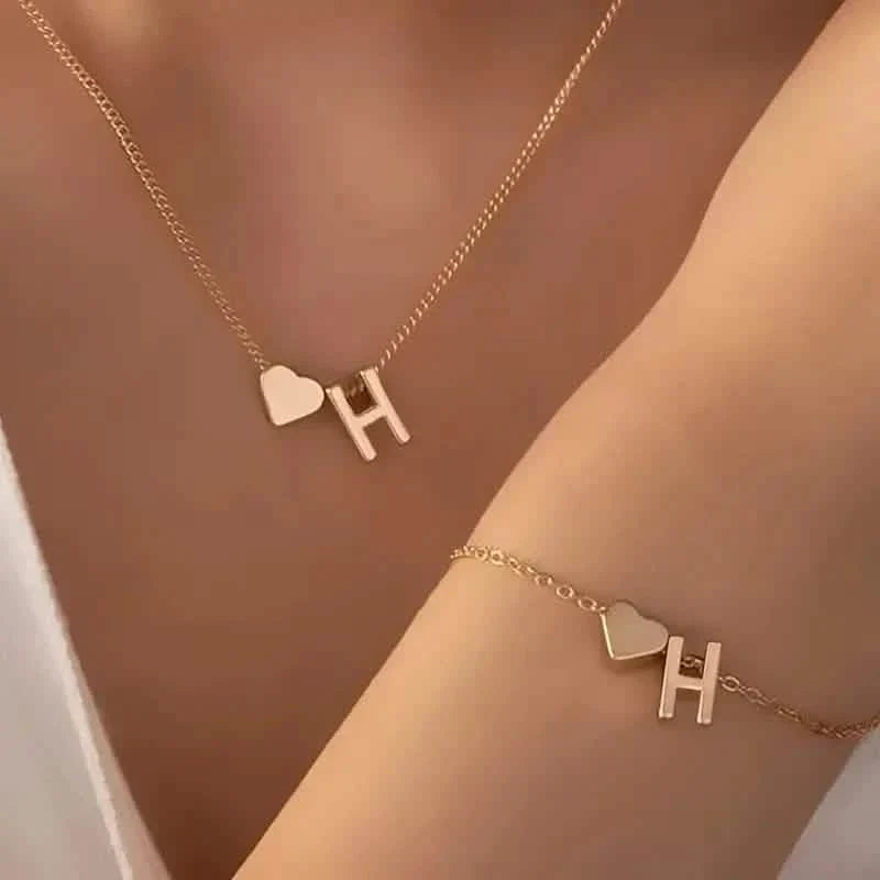 2-Piece Set: Metal Heart And English Letter Necklace And Bracelet 8