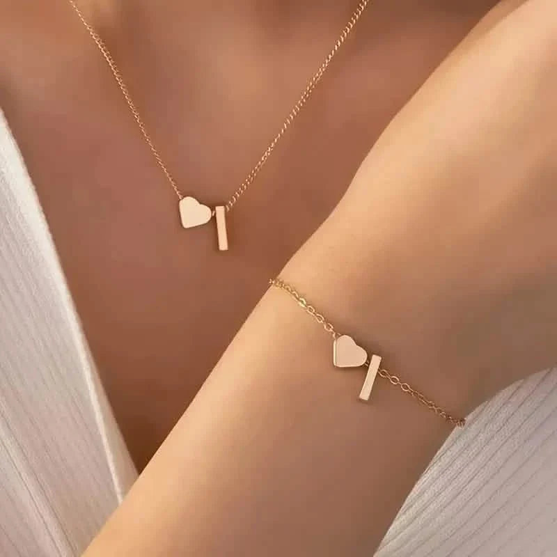 2-Piece Set: Metal Heart And English Letter Necklace And Bracelet 9