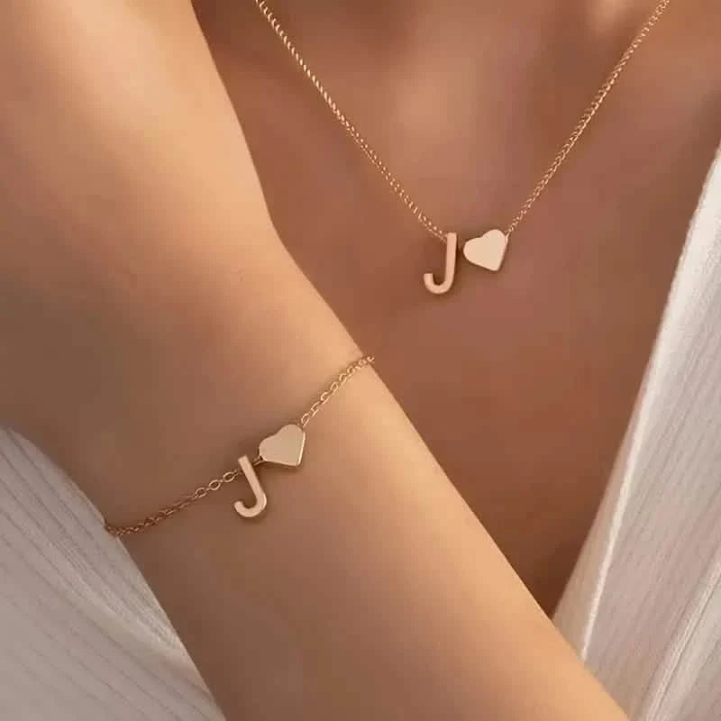 2-Piece Set: Metal Heart And English Letter Necklace And Bracelet 10