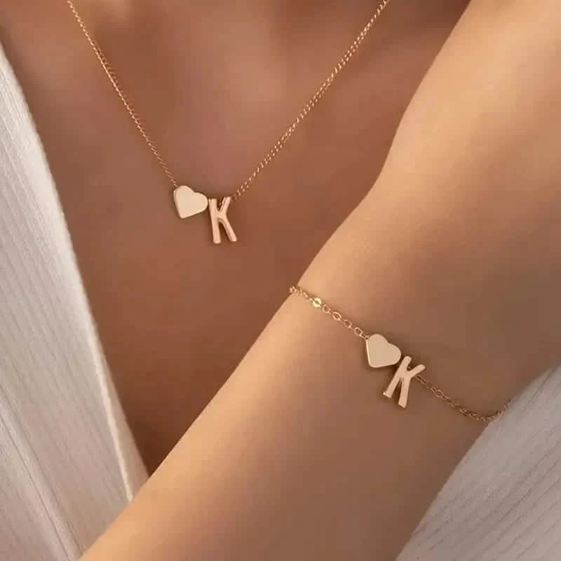 2-Piece Set: Metal Heart And English Letter Necklace And Bracelet 11
