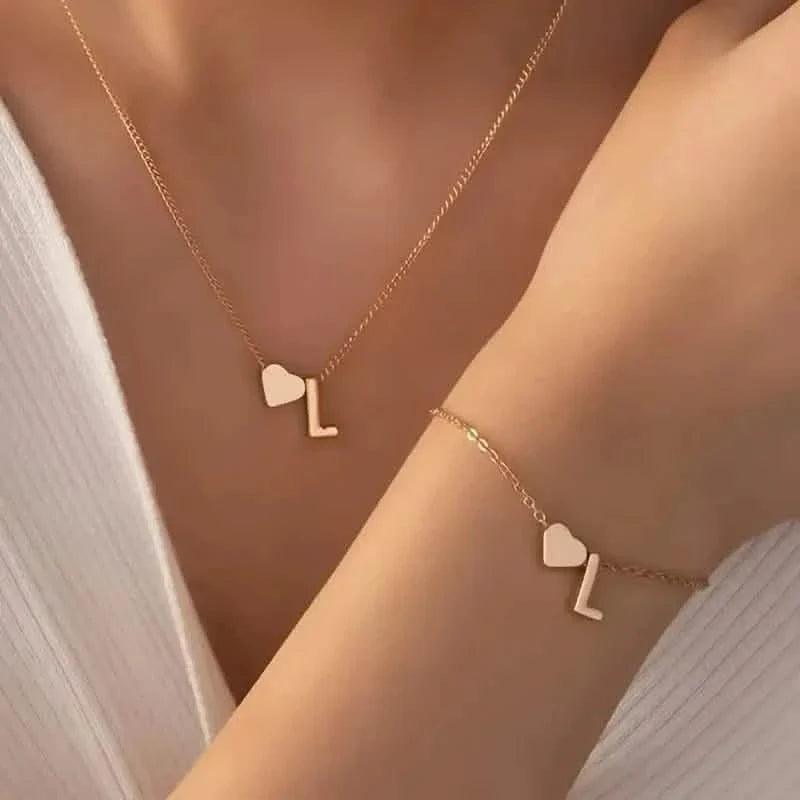 2-Piece Set: Metal Heart And English Letter Necklace And Bracelet 12